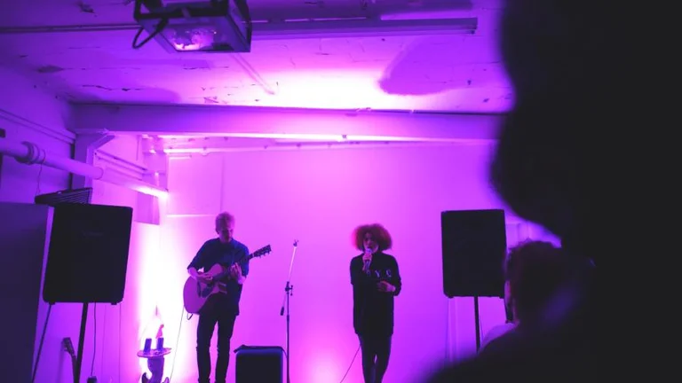 Guitarist and singer performing on stage, lit by purple lights