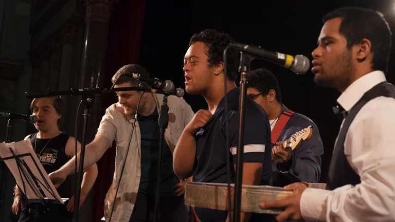 Young men playing in a band