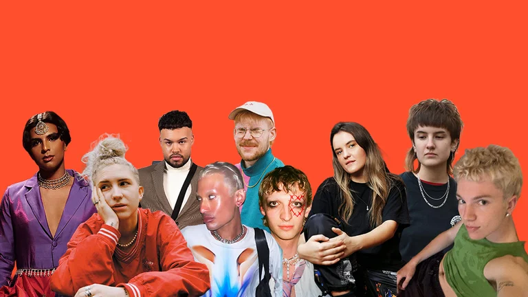 a collage of people on a red background