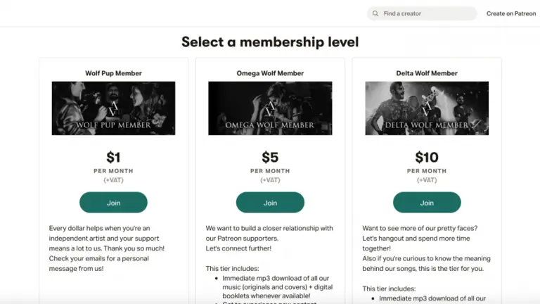 The Patreon page for the band Halflives, donation amounts range from 1-10 dollars per month
