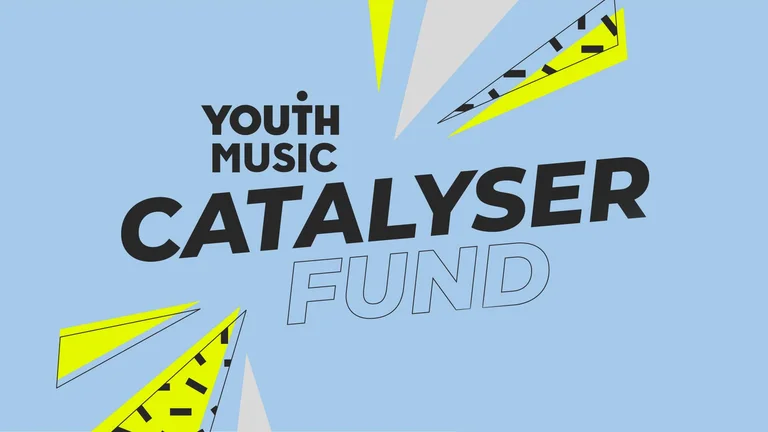 catalyser fund logo, blue background, yellow shapes, black writing