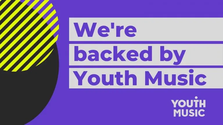 Image saying 'We're backed by Youth Music' on a purple background, with black and yellow circles on the left