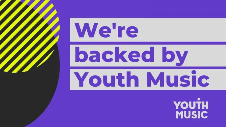 Image saying 'We're backed by Youth Music' on a purple background, with black and yellow circles on the left