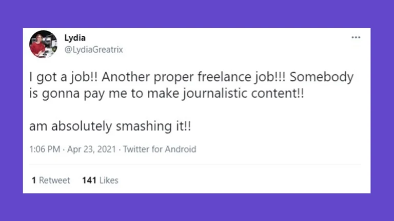 lydia celebrates getting a freelance job with a tweet