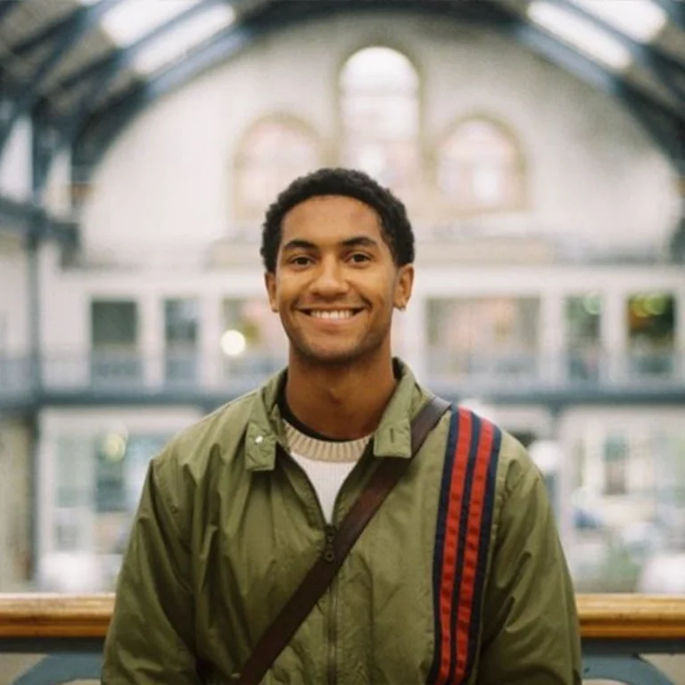 a man smiles and wears a green jacket